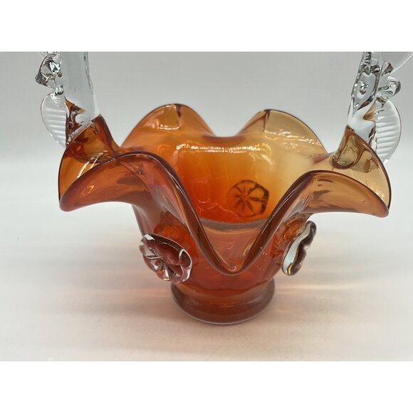 Vintage Hungarian Art Glass Burnt Orange And Clear 10 Inch Basket Collectible - Picture 9 of 16